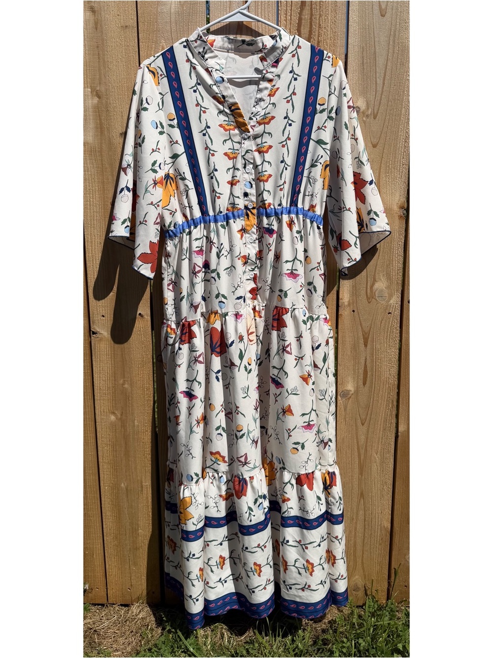 Bohemian Floral Maxi Dress in Cream with Blue Trim